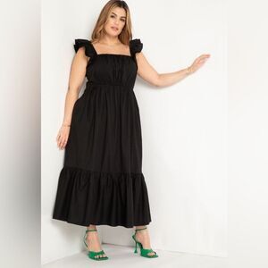 ELOQUII Black Flutter Sleeve Smocked‎ Maxi Dress Toered Ruffle Hem Size 22 New